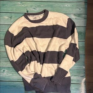 Hollister Gray and White Striped Crewneck Sweater